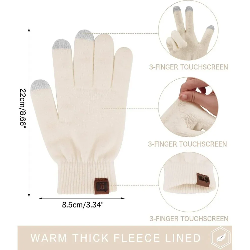 Women's Beige Winter Touchscreen Wool Magic Warm Knit Fleece Lined Gloves